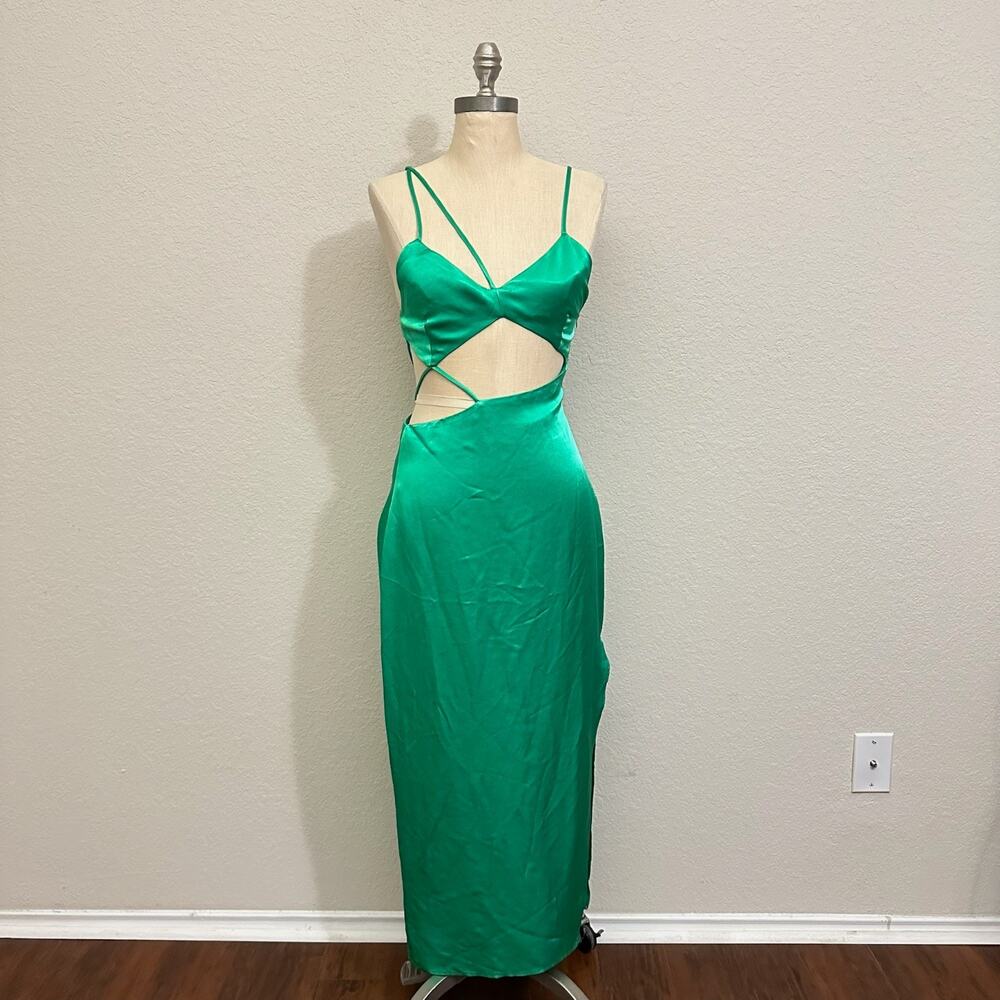 ZARA Dress Green Cut Out Asymmetric Satin Midi Evening Party NWT